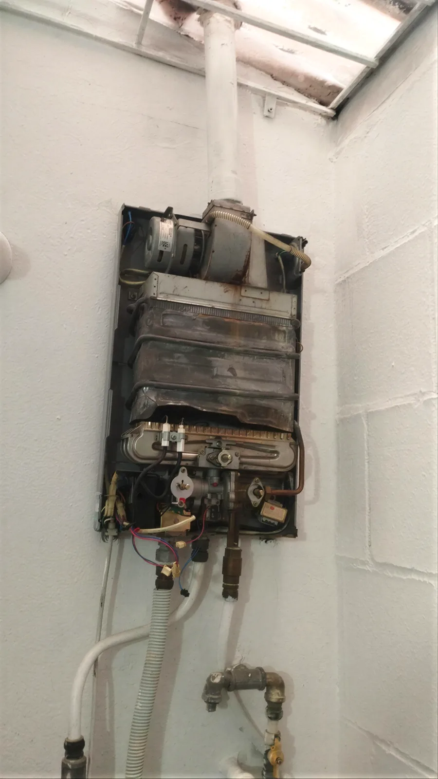 Diagnóstico de un calentador a gas a domicilio en Medellín con el equipo abierto para revisar sus componentes